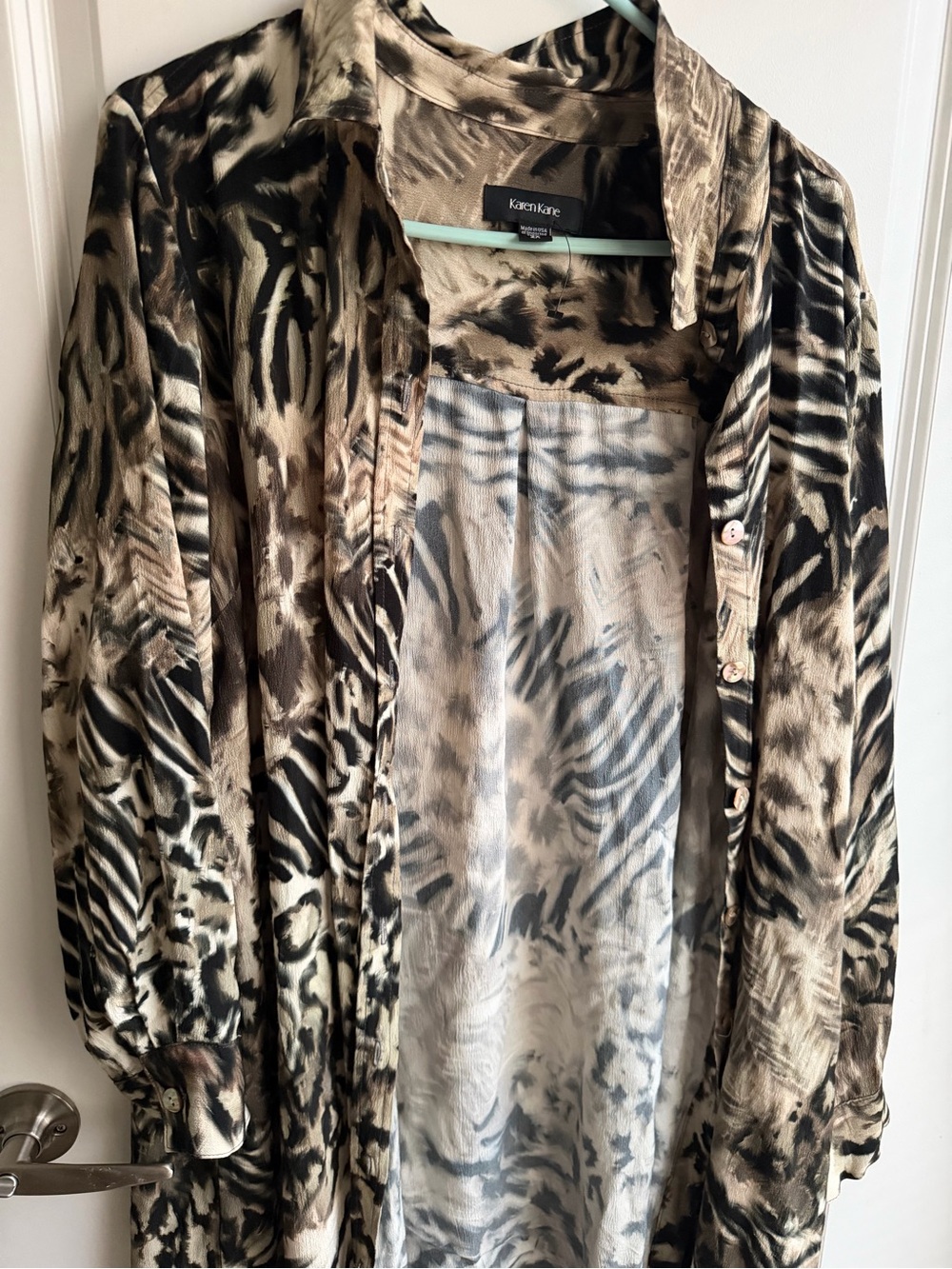 Karen Kane Mixed Animal-Print Button-Down Shirt in dark green and Black